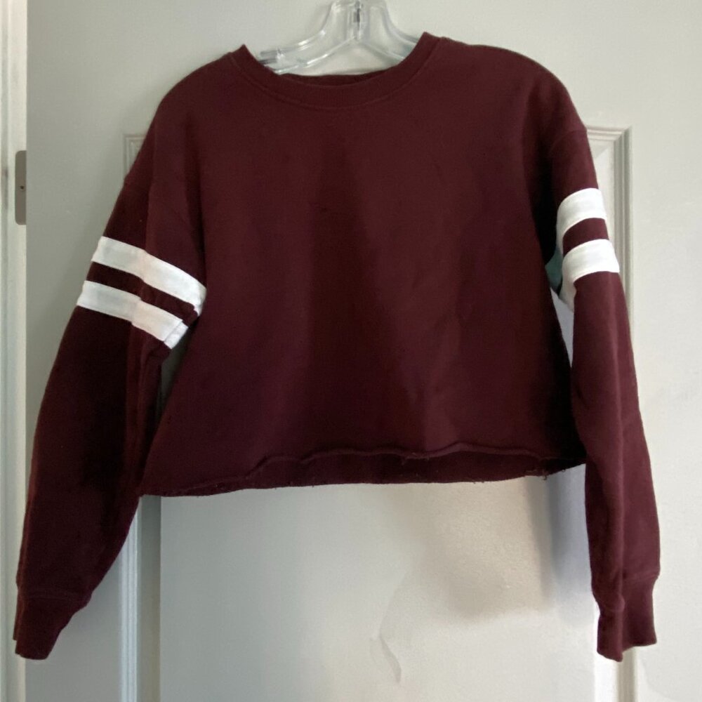 Forever 21 Women's Maroon cropped sweatshirt with white varsity stripes